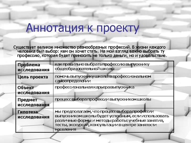 Аннотация к проекту     Существует великое множество разнообразных профессий. В жизни